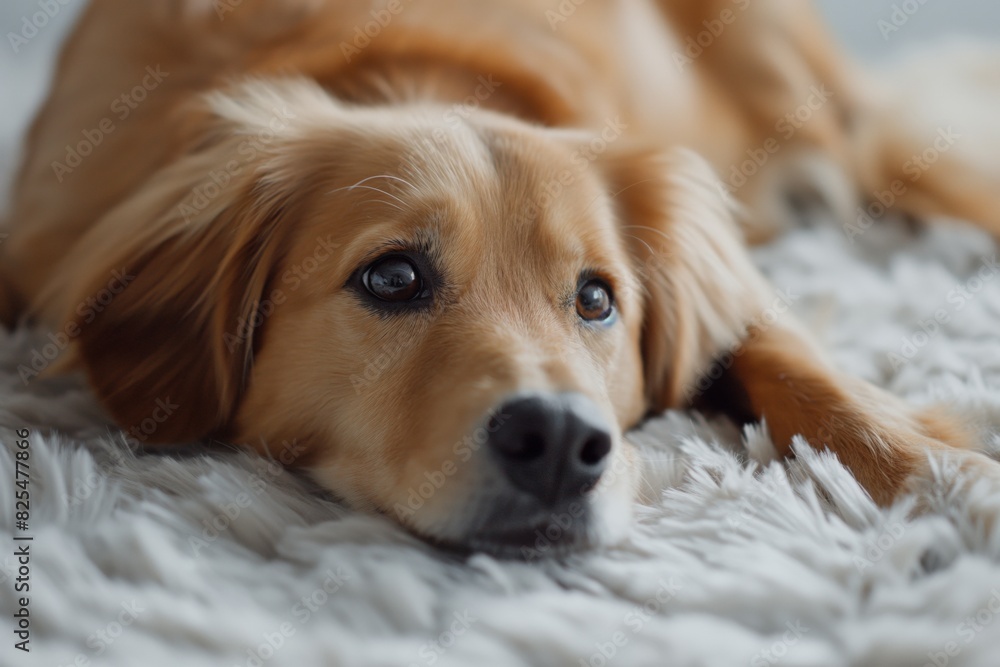 Close-up of a tranquil golden retriever lying down on a soft, white shaggy rug. The dog gazes gently towards the camera, showcasing expressive eyes and a calm demeanor Close-up of a tranquil golden retriever lying down on a soft, white shaggy rug. The dog gazes gently towards the camera, showcasing expressive eyes and a calm demeanor