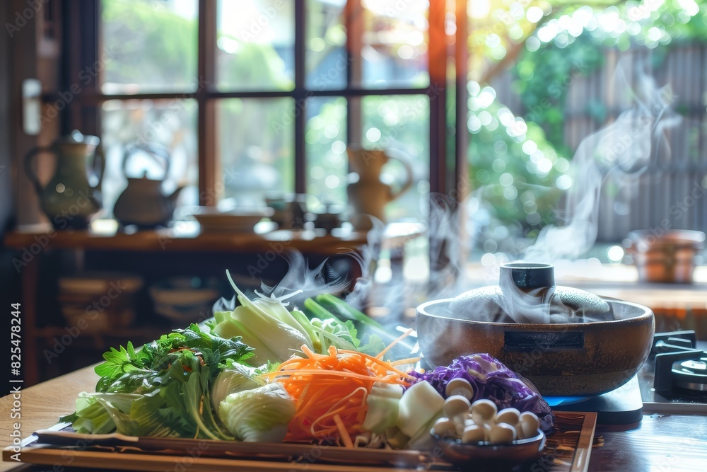Rustic Presentation of Hoto with a Focus on Vibrant Vegetables and Steaming Pots