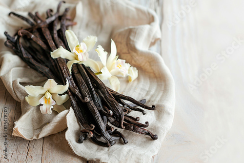 Vanilla pods lie on a white cloth on an old white wooden table. Vanilla sticks with flowers.