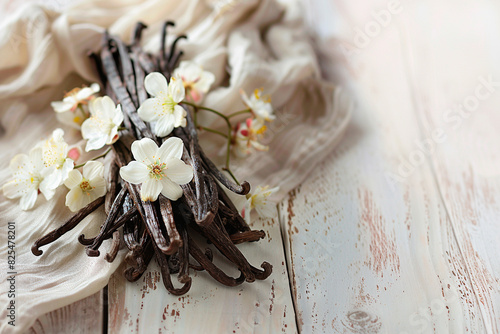 Vanilla pods lie on a white cloth on an old white wooden table. Vanilla sticks with flowers.
