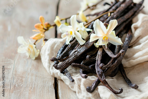 Vanilla pods lie on a white cloth on an old white wooden table. Vanilla sticks with flowers.