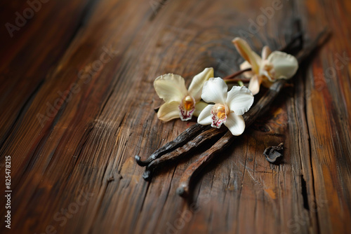 Vanilla pods lie on an old brown wooden table. Vanilla sticks with flowers.