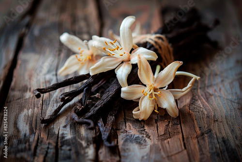 Vanilla pods lie on an old brown wooden table. Vanilla sticks with flowers.