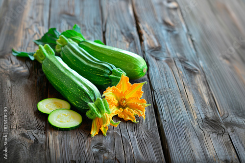 Zucchini lies on an old wooden surface. Zucchini flower. Pieces of zucchini lie on the table next to the zucchini.