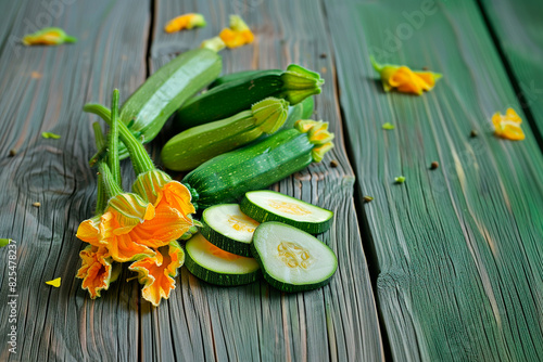 Zucchini lies on an old wooden surface. Zucchini flower. Pieces of zucchini lie on the table next to the zucchini.