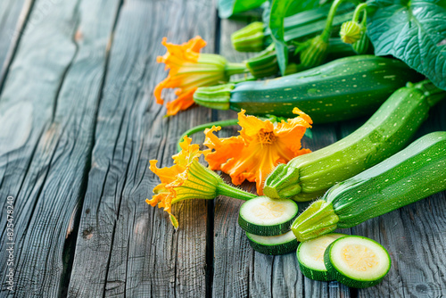 Zucchini lies on an old wooden surface. Zucchini flower. Pieces of zucchini lie on the table next to the zucchini.
