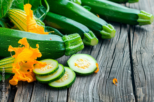 Zucchini lies on an old wooden surface. Zucchini flower. Pieces of zucchini lie on the table next to the zucchini.