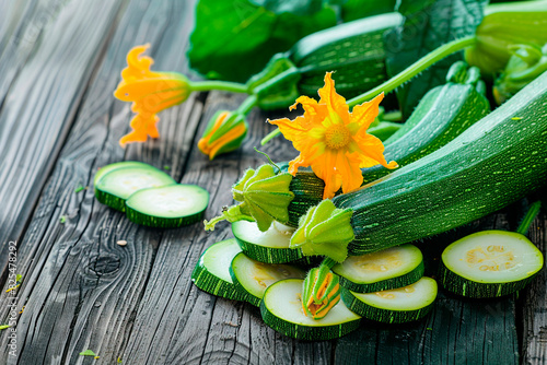 Zucchini lies on an old wooden surface. Zucchini flower. Pieces of zucchini lie on the table next to the zucchini.