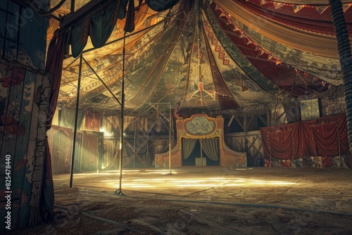 Atmospheric view of an abandoned circus tent  evoking a haunting sense of nostalgia