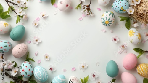 Top view of beautiful Easter eggs on table