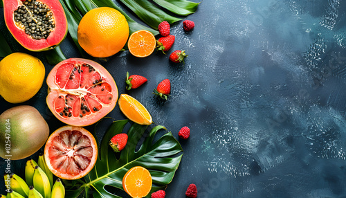 Assortment of fresh exotic fruits as background  top view