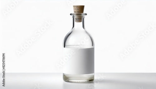 A sleek glass bottle with a minimalist label on a white background, ready for printing.