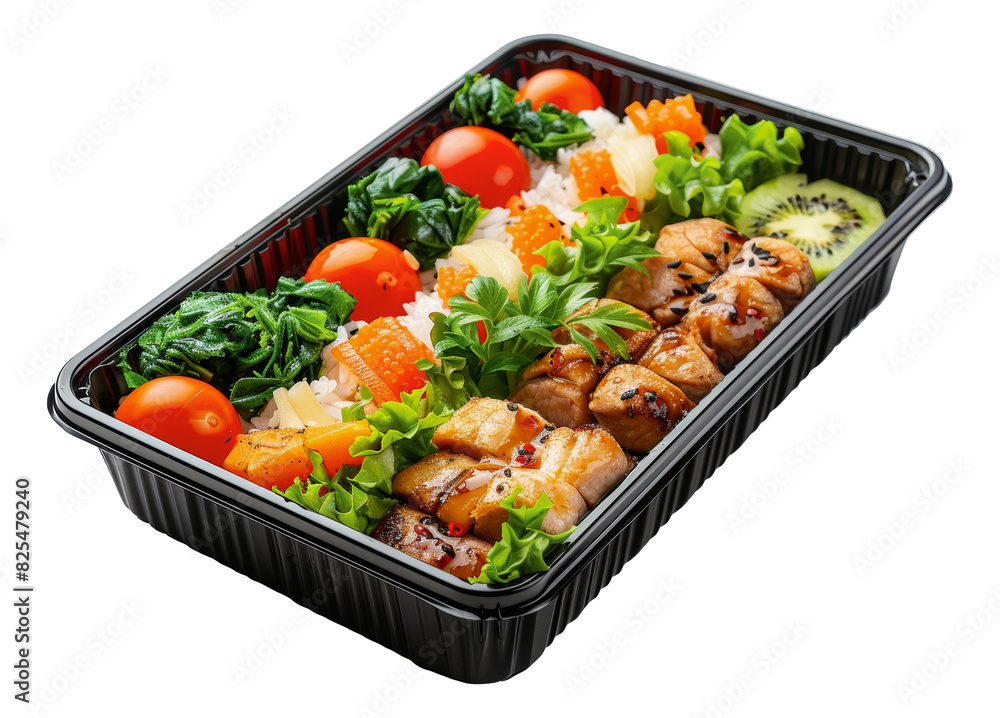 Tasty chicken bento box with vegetables and rice, cut out - stock png. Tasty chicken bento box with vegetables and rice, cut out - stock png.