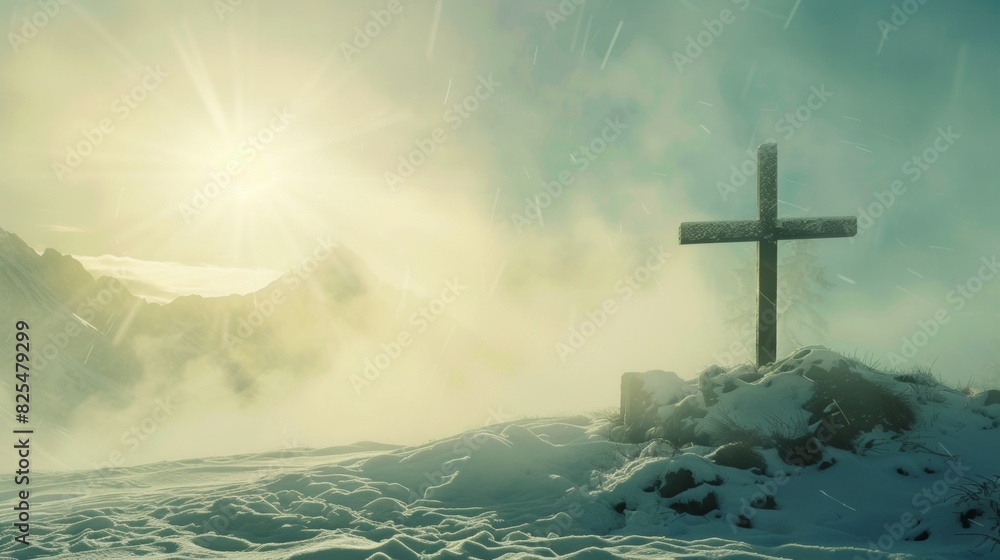 Obraz premium cross on top of mountain with fog and sunlight