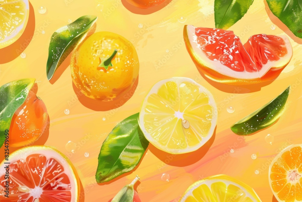 Illustration of fresh oranges, lemons, and grapefruits with leaves and drops of water on a sunny backdrop