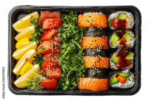 Assorted sushi platter in a black takeout container with lemon and wasabi, cut out - stock png.