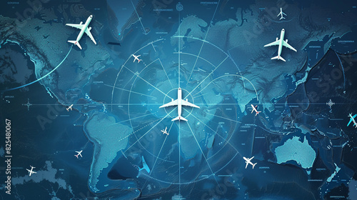 A flight path map with airplane icons taking off from various continents, all headed towards a central point. photo