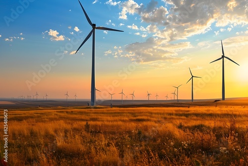 Serene Sunset Overlooking Expansive Wind Farm in Remote Countryside Landscape