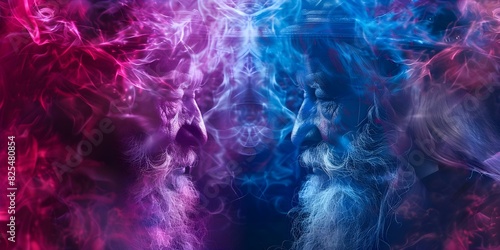 Vector Graphics: Enchanting Wizard and Witch Heads in a Mystical Style. Concept Wizard, Witch, Vector Graphics, Enchanting, Mystical photo