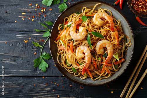 Delicious Shrimp Yakisoba Noodles with Fresh Vegetables in a Dark Bowl photo