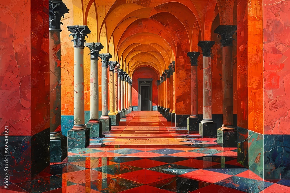 Fototapeta premium A long, red hallway with a series of white columns and a tiled floor. The light from the end of the hallway casts a glow on the walls.
