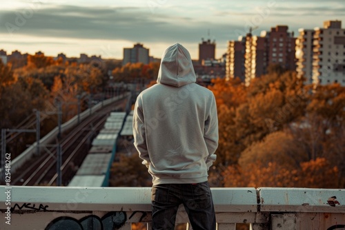 Young man in hoodie staring at city during the day - urban delinquency - street crime - youth issues photo
