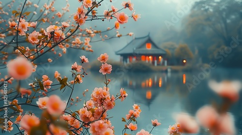 A small house sits on a tranquil lake, surrounded by delicate pink blossoms in full bloom. The morning mist adds a touch of mystery to the serene scene. photo