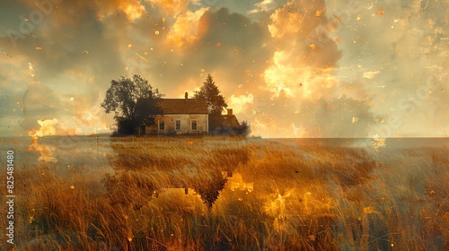 A solitary farmhouse stands on a golden field, bathed in the warm glow of a dramatic sunset. photo