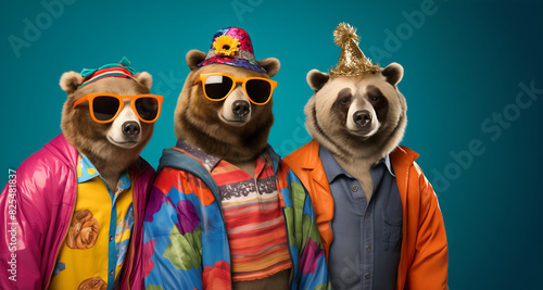 Creative animal concept. Group of bear in funky Wacky wild mismatch colourful outfits on bright background advertisement, copy space. birthday party invite invitation banner 
