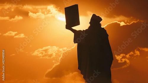 Moses holding up the Ten Commandments in silhouette