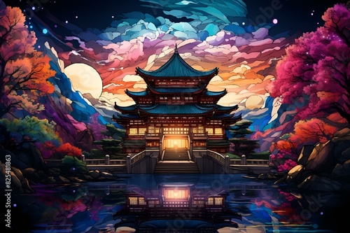 AI generated illustration of a Night scene Chinese Temple, Stained Glass Effect