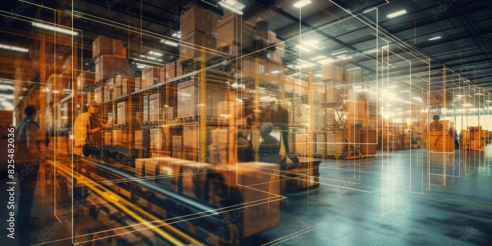 Blurred image of warehouse employees  Generative AI