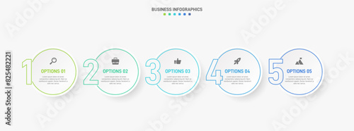 Horizontal progress bar featuring 5 arrow-shaped elements, symbolizing the five stages of business strategy and progression. Clean timeline infographic design template. Vector for presentation