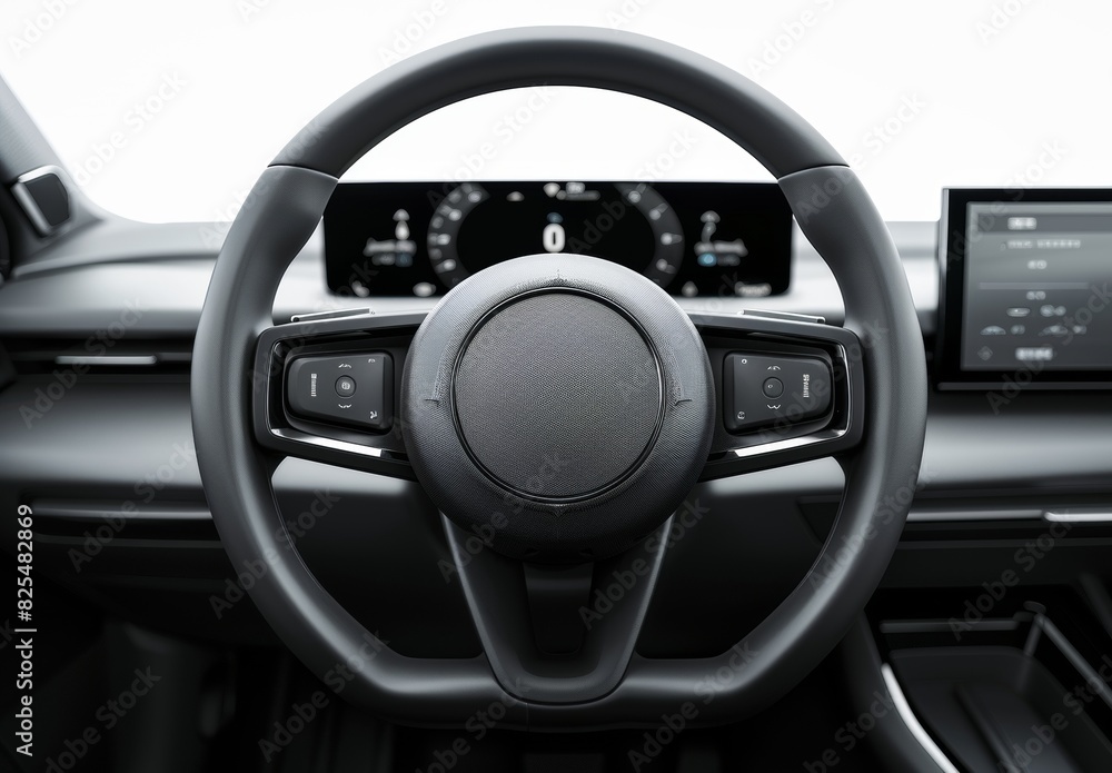 A modern car's interior with a steering wheel featuring media and phone control buttons, isolated on a white background. Detailed view of the steering wheel on a white background.