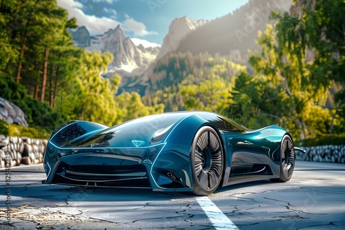 Sleek Electric Concept Car Navigating Scenic Mountain Landscape © Ratchadaporn