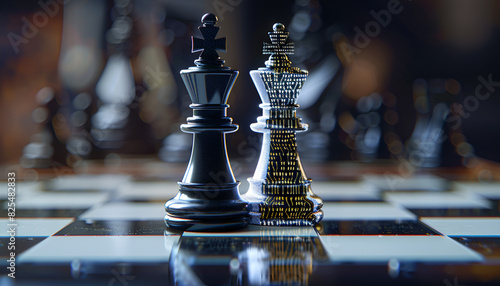 One half of chess piece standing on chessboard, and other one filled with programming code photo