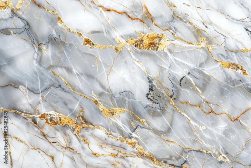 Close-up of a luxurious marble surface with natural patterns, featuring striking gold veins against a delicate white and grey background, perfect as a sophisticated and elegant design element