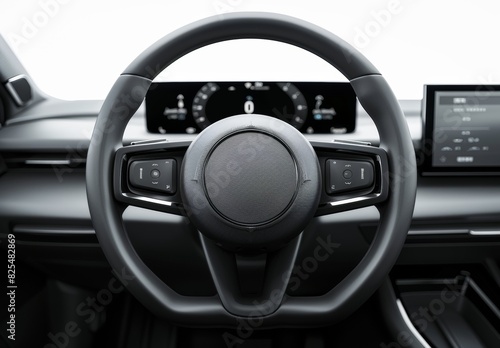 A modern car's interior with a steering wheel featuring media and phone control buttons, isolated on a white background. Detailed view of the steering wheel on a white background. © Nicat