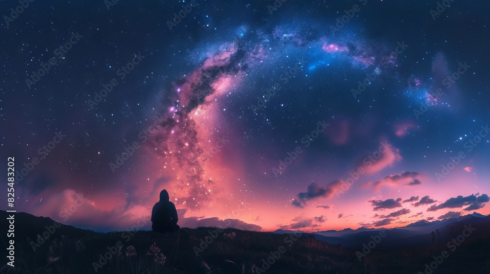 A nomad camping under a starry sky in the wilderness. A nomad camping under a starry sky in the wilderness.