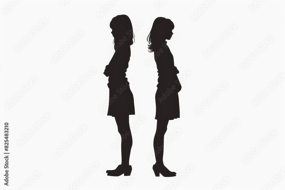 two girls standing back to back silhouette on white background vector illustration concept illustrations