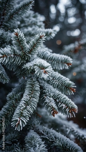 Frosty Fir Boughs, Rime-Coated Branches with Bokeh Effect, Winter Scene