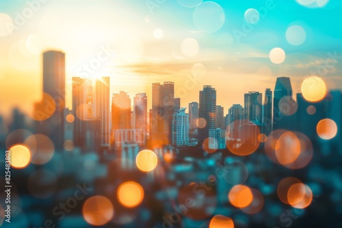 Blurred cityscape background with bokeh effect, blurred urban landscape with defocused skyscrapers in sunset, blurred city lights and blurred urban architecture, blurred city view Generative AI photo