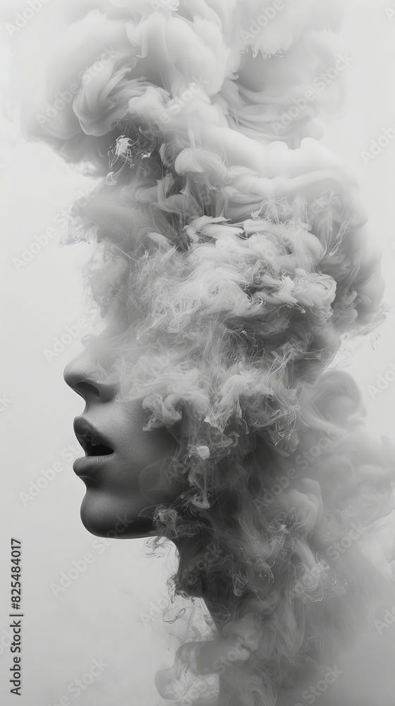 A woman's face is obscured by smoke, creating a surreal and dreamlike atmosphere A woman's face is obscured by smoke, creating a surreal and dreamlike atmosphere