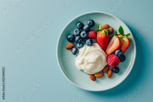 Top view of a healthy breakfast with greek yogurt surrounded by blueberries, strawberries, raspberries, and almonds, artistically arranged on a pastel blue plate on a matching background photo