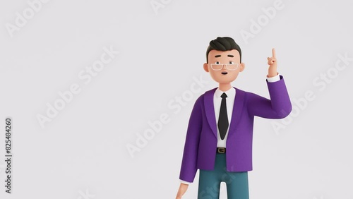 Man thinking and looking for answer, Eureka. hand gesture, index finger up. Concept of a great idea, brainstorming. Solution of the problem, right decision. 3d character animation, businessman