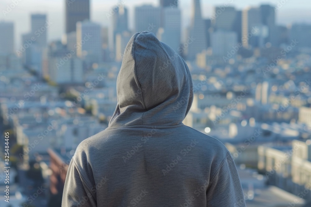 Young man in hoodie staring at city during the day - urban delinquency - street crime - youth issues Young man in hoodie staring at city during the day - urban delinquency - street crime - youth issues