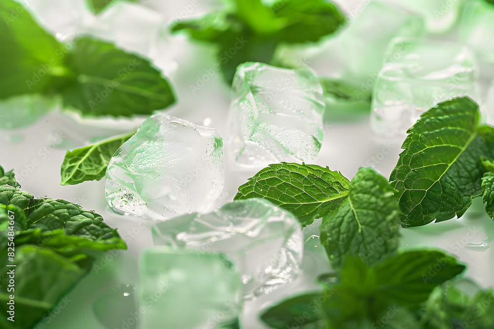 fresh mint in ice cubes. Refreshing drink ingredients. Summer background fresh mint in ice cubes. Refreshing drink ingredients. Summer background