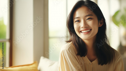 Portrait beautiful happy smiling young asian woman looking at camera at home
