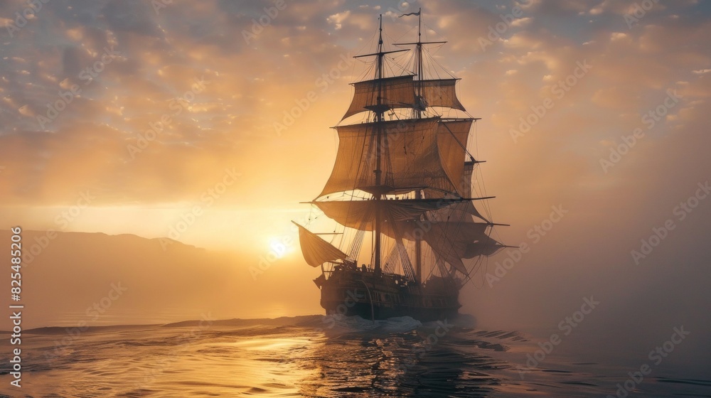 Sailing ship in sea water at sunset.