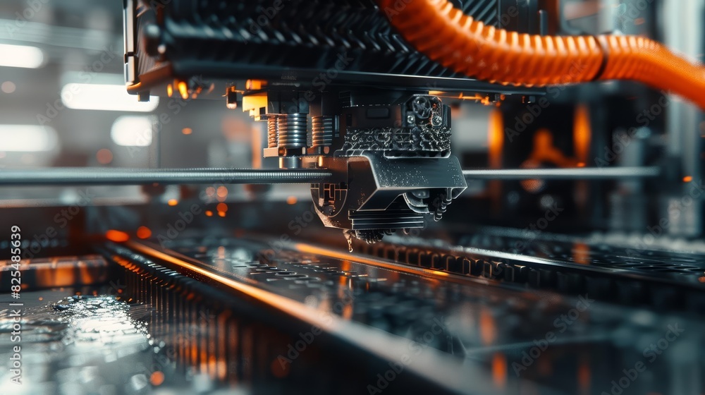 A close up of a cuttingedge 3D printer crafting complex components layer by layer, revolutionizing traditional manufacturing methods, with a cinematic look for added drama A close up of a cuttingedge 3D printer crafting complex components layer by layer, revolutionizing traditional manufacturing methods, with a cinematic look for added drama